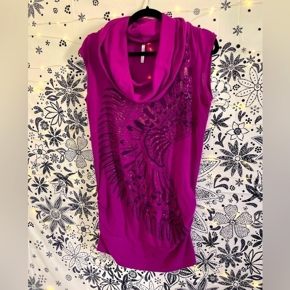Tops - Purple cowl neck sleeveless top, cool eclectic pattern / print on front.